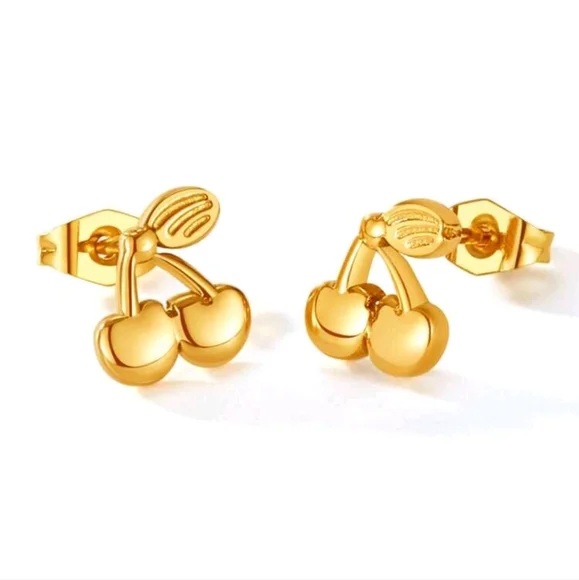 Gold Cherry Stud Earrings - Picture 1 of 3